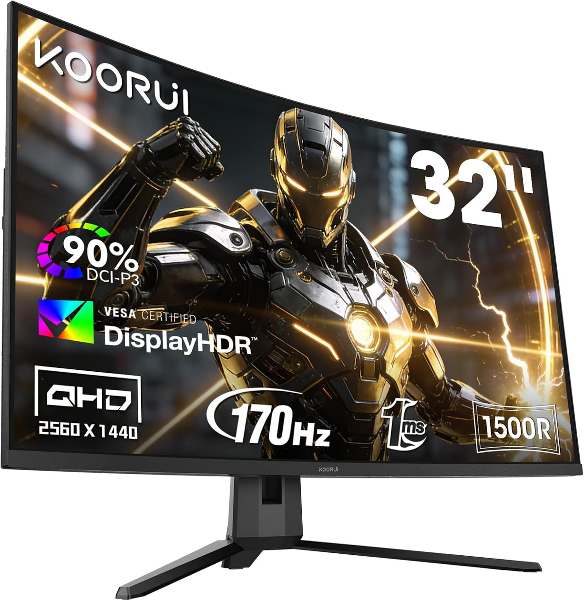 KOORUI Écrans PC, 32 Pouces, 2560 x 1440, Noir, Écran Gaming QHD 170 Hz, écran incurvé 1500R G3221SC, MPRT 1 ms