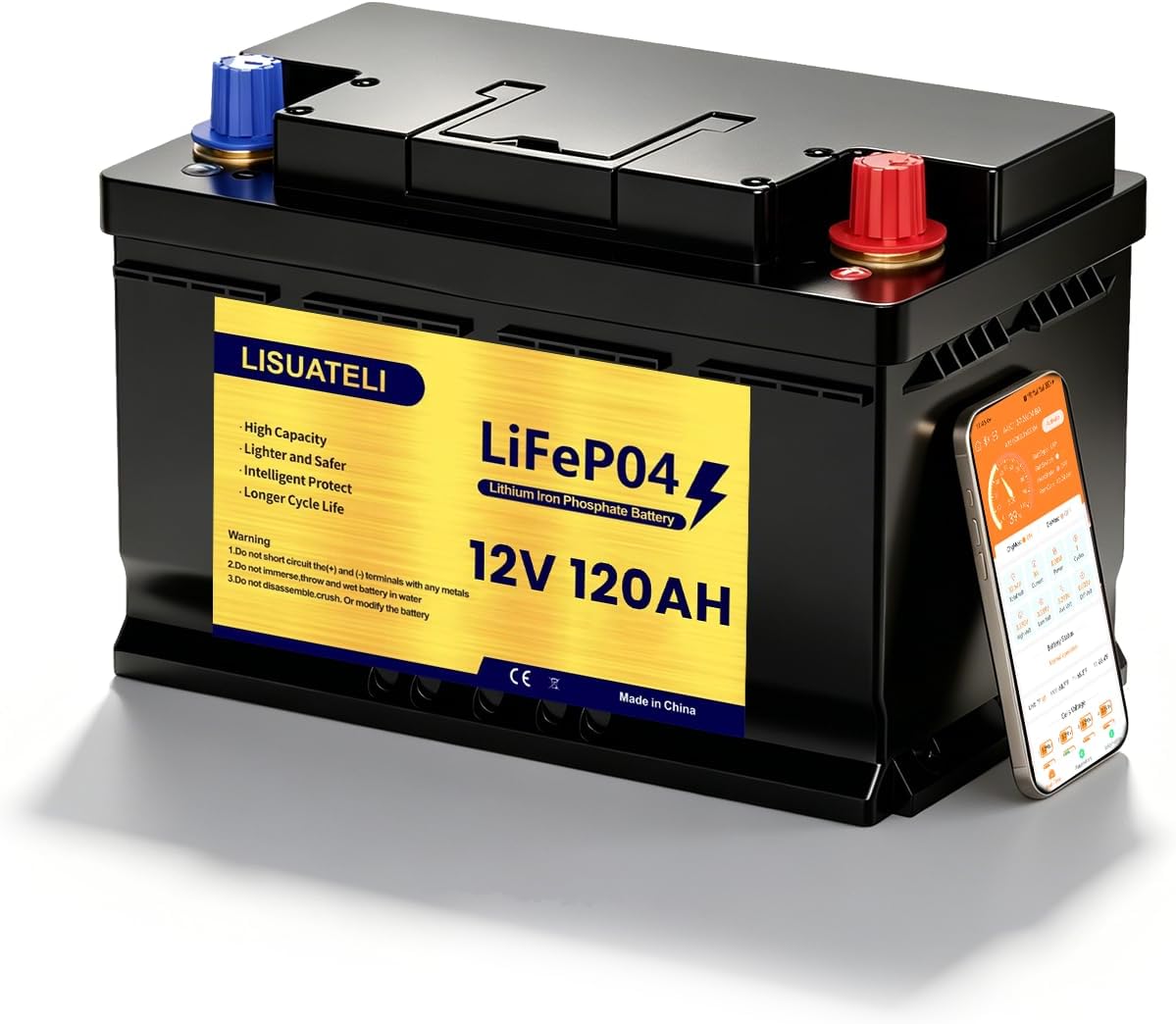 LISUATELI batterie, 12 V, 120 Ah, Noir/Gris, au lithium LiFePO4 avec surveillance par application, 100 A BMS
