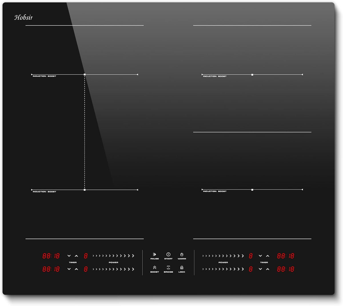Tables de cuisson Hobsir hob, 60CM, 7200 W, Noir, Hobsir Plaque à Induction 4 Feux avec Zone Flexible et Booster