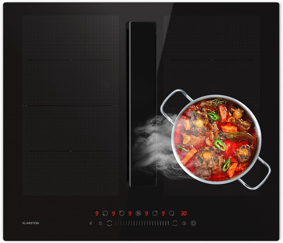 Tables de cuisson KLARSTEIN, 60 cm, 600 m, 6400 W, Noir, Chef-Fusion plaque à induction avec hotte, Flexzone