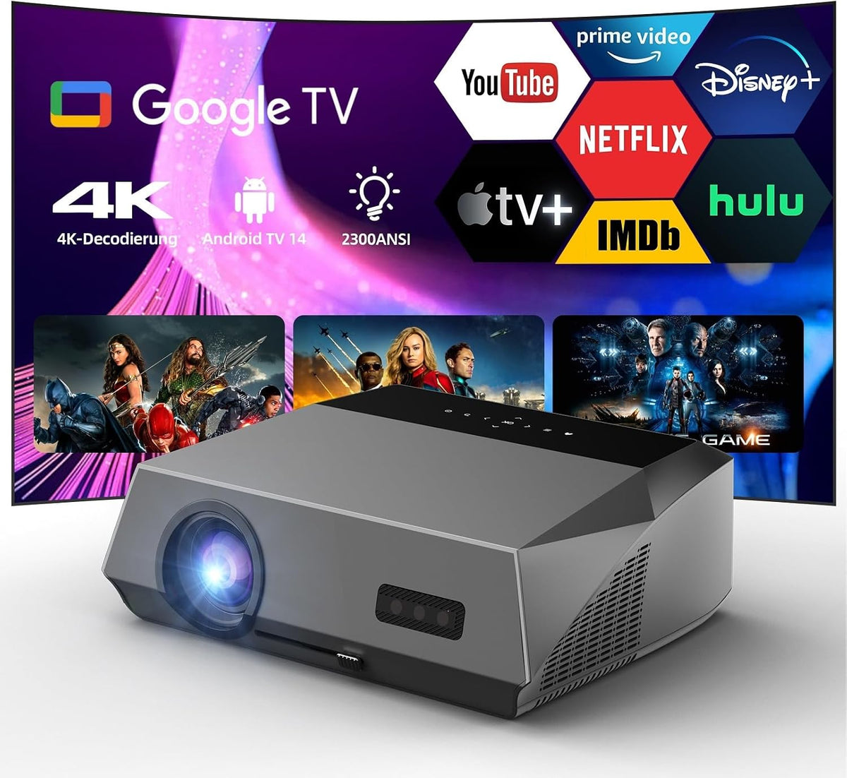 CWEUG téléviseur, Noir, Vidéoprojecteur intelligent 4K Google TV WiFi Bluetooth avec Dolby Audio, HDMI ARC 2.1