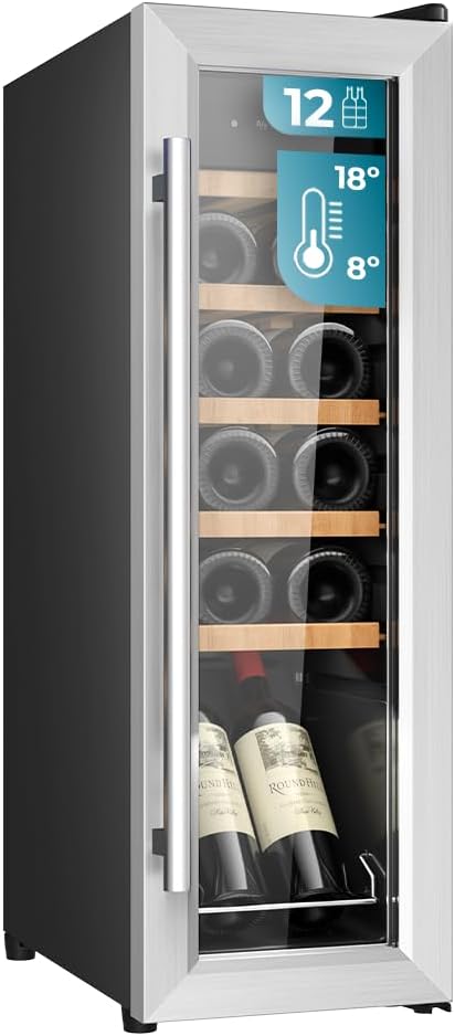 Cecotec Caves à vin autoportantes, Noir, 12 bouteilles, température réglable 8-18°C, étagères en bois, écran tactile et éclairage LED