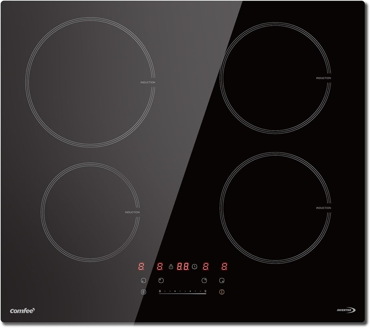 table de cuisson Comfee, 7400 W, Noir, ' à Induction, 4 Brûleurs, 9 Niveaux de Puissance, Fonction Boost, Surface Agrandie de 20%