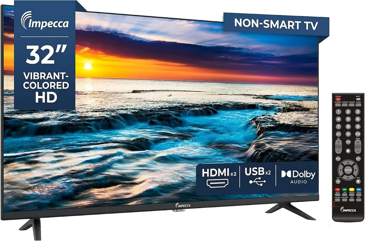 Impecca téléviseur, 32 pouces, Noir, - TV LED HD 720P, ports HDMI et USB, télécommande complète, haut-parleurs stéréo intégrés
