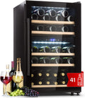 KLARSTEIN Caves à vin, Noir, Cave à vin 41 bouteilles, cave de service avec étagères en bois amovibles, porte en verre