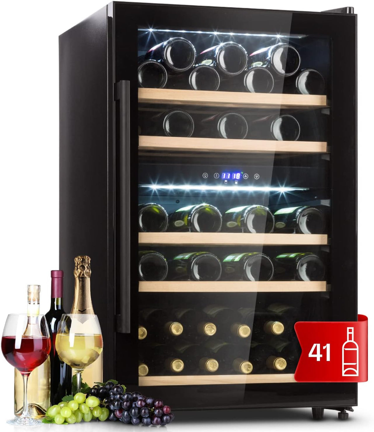 KLARSTEIN Caves à vin, Noir, Cave à vin 41 bouteilles, cave de service avec étagères en bois amovibles, porte en verre