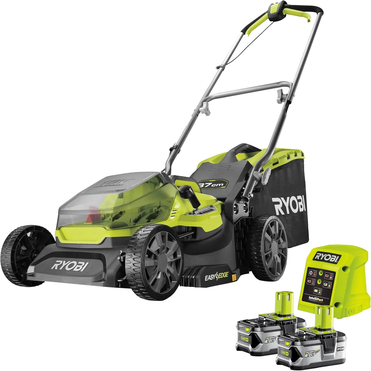 RYOBI tondeuse à gazon, 18 V, 40 cm, 600 m, 4,0 Ah, Noir/Gris, RY18LMX40C-240 One+ Brushless, Jardins Jusqu'à ²