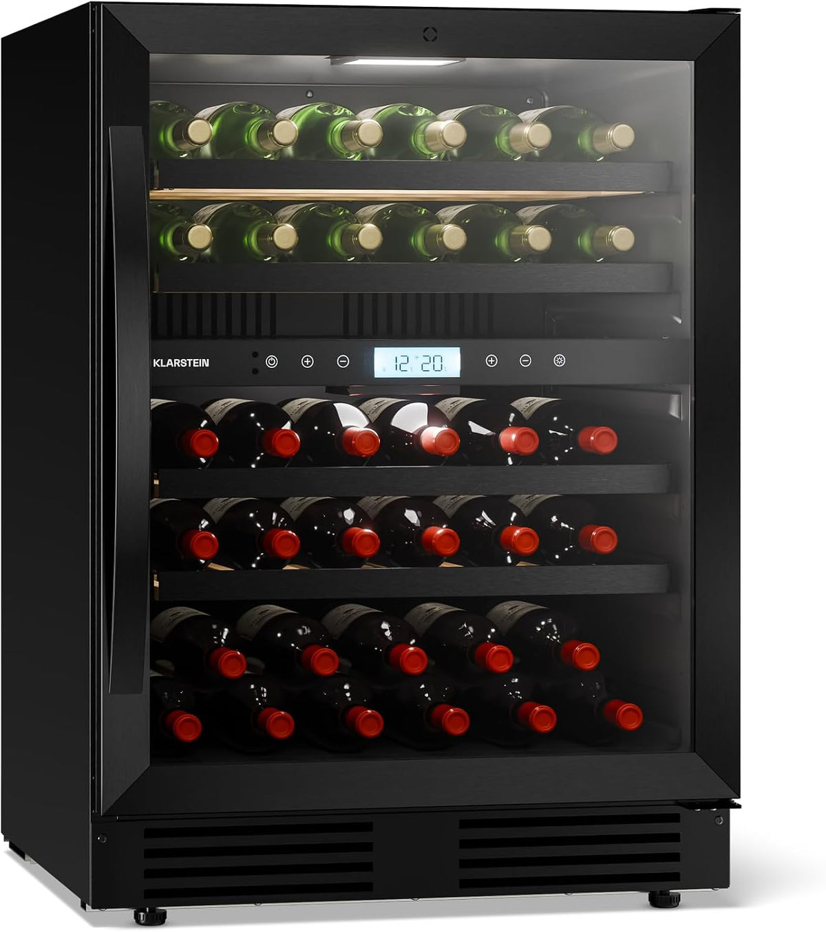 KLARSTEIN Caves à vin, Noir, Cave à vin encastrée VeroSteel - Cave à vin double zone de 43 bouteilles, porte en verre UV