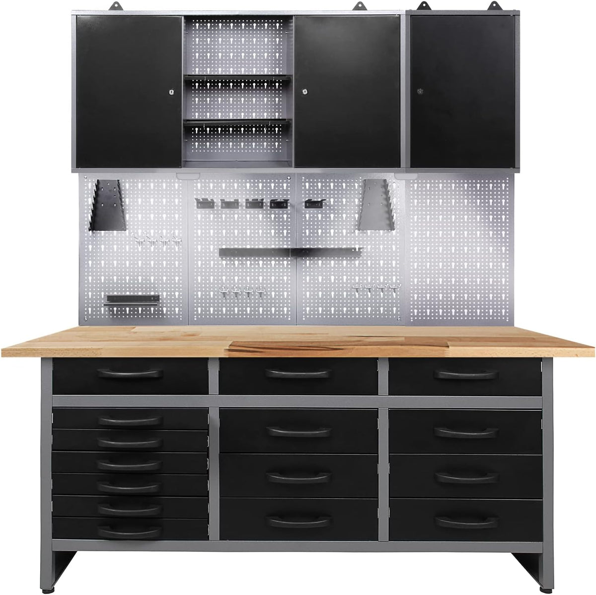 armoire Ondis24, 170 cm, Noir/Gris, Aménagement pour atelier de large, à outils Outils Mural avec éclairage LED