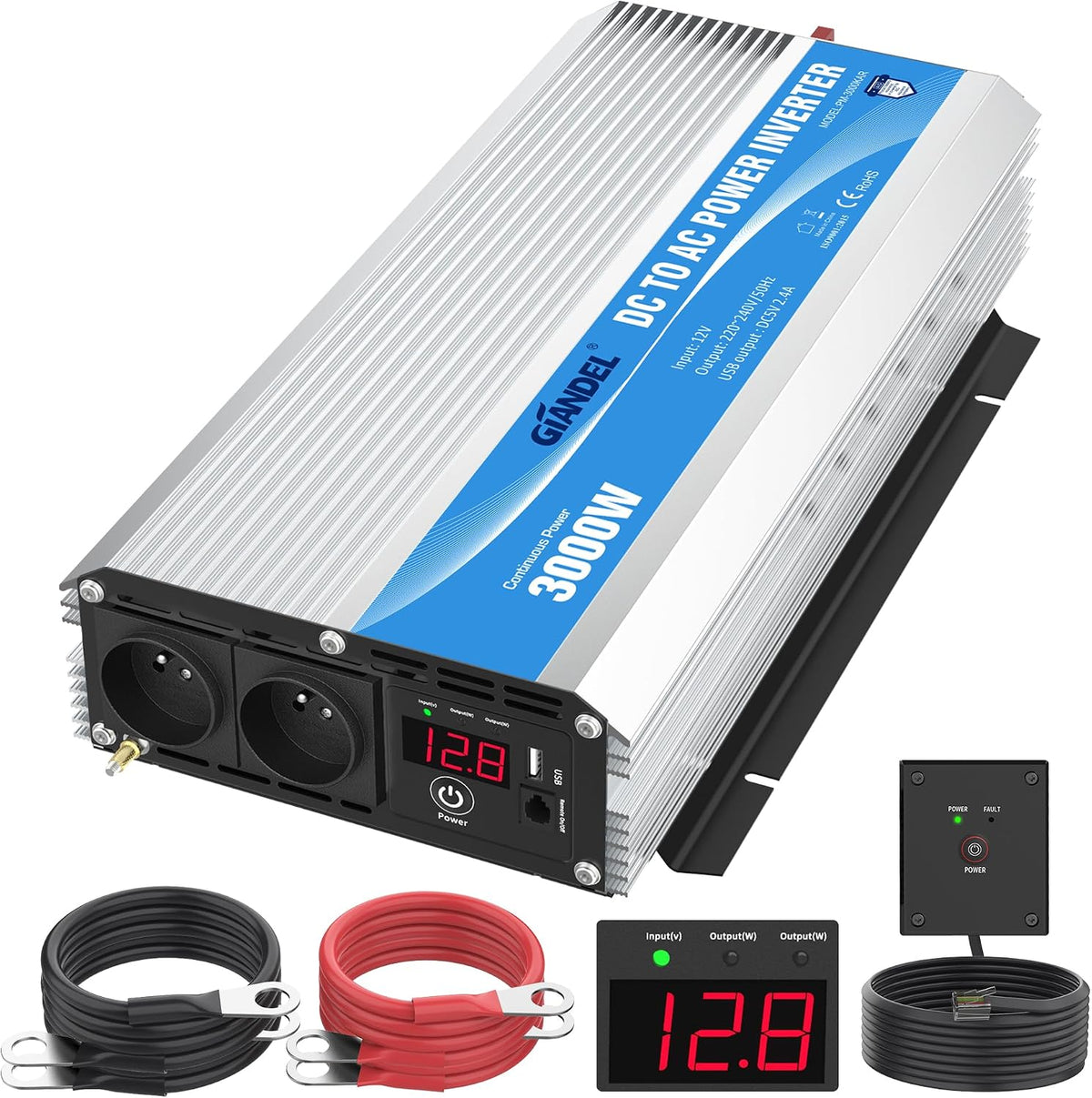 GIANDEL onduleur, 12 V, 220 V, 3000 W, Blanc/Noir, Hors Réseau Solaire avec 30 Pieds Télécommande Affichage LED
