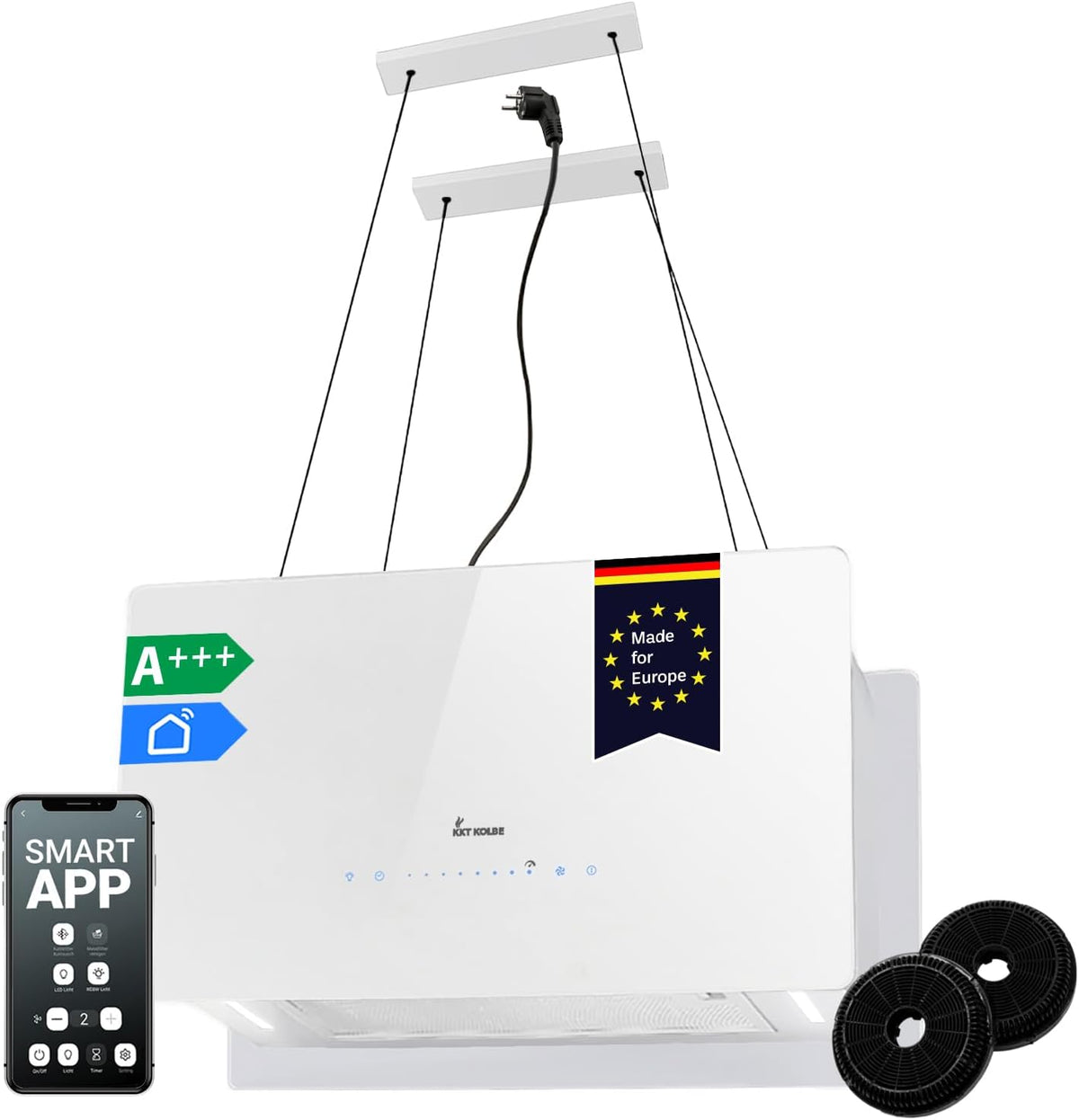 KKT KOLBE hotte aspirante, 60 cm, 764 m, Blanc, A+++ CUBE60FW ³/h en recirculation, 9 niveaux, application WiFi intelligente