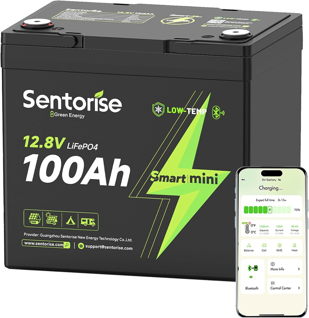 SENTORISE batterie, 12 V, 100 Ah, Bleu, Mini LiFePO4 avec Bluetooth, Protection Basse température, BMS 100A