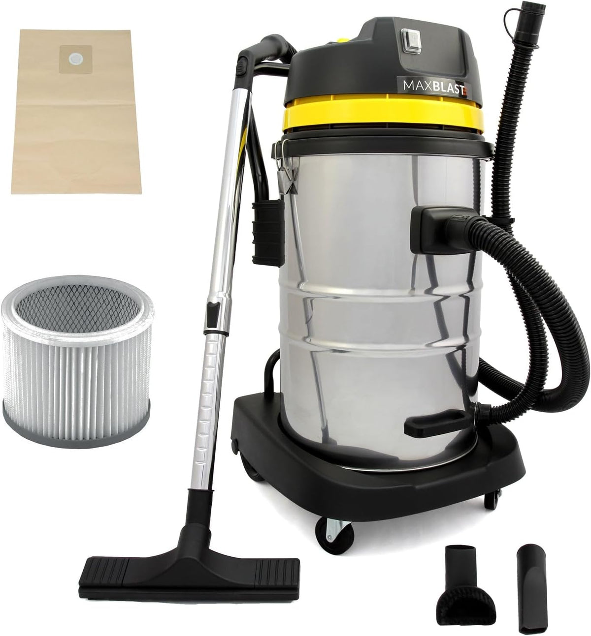 MAXBLAST aspirateur eau et poussière, 50 L, 1400 W, 50 litres, Argenté/Noir, Aspirateur Industriel de en Acier Inoxydable et Accessoires