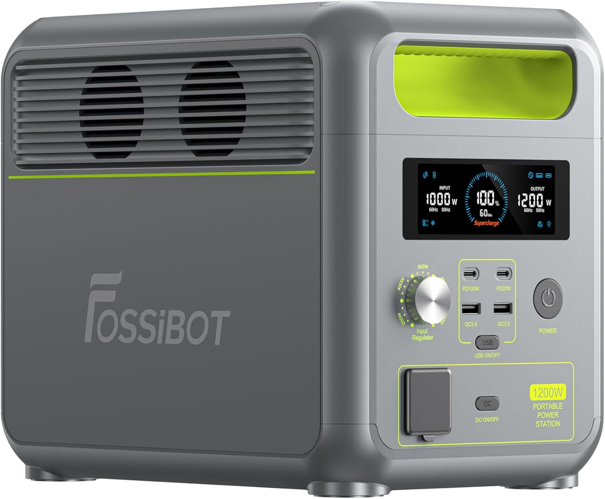 FOSSiBOT groupe électrogène, 1024 Wh, 1200 W, 2400 W, Gris/Noir, F1200 Station électrique portable, Camping avec un Véhicule de Loisirs