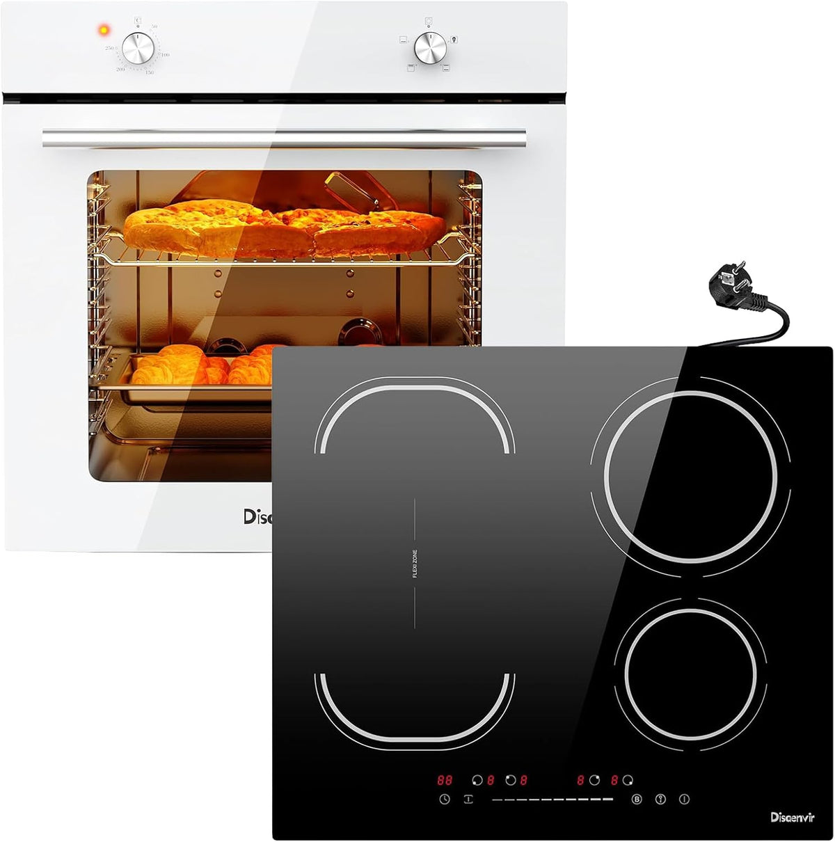 Disaenvir four encastrable, 60 cm, 65 L, 3500 W, Blanc, four avec fonction vapeur, 4 fonctions+ Plaque Induction 4 Feux avec Prise