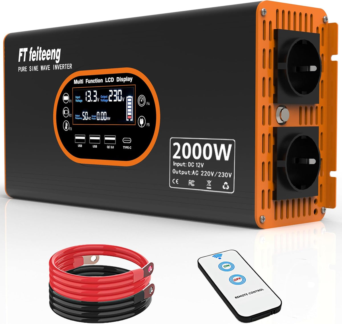 FT feiteeng onduleur, 2000 W, 12 V, 220 V, Noir/Blanc, Convertisseur Pur Sinus, transformateur avec 2 Prises CA