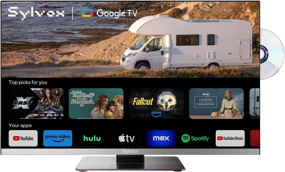 SYLVOx téléviseur, 12 V, Noir, 22' Google TV pour Camping - 1080P, Lecteur DVD Intégré, Caravane
