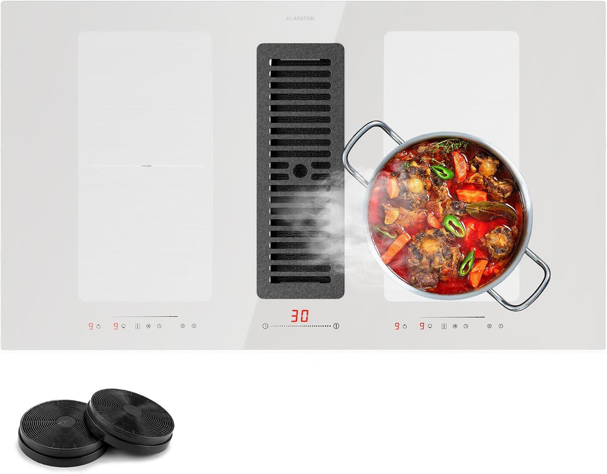 table de cuisson KLARSTEIN, 90 x 52 x 62 cm, 391 m, Noir, 2 en 1 Plaque de Cuisson Induction avec une Hotte Aspirante pour Ilots