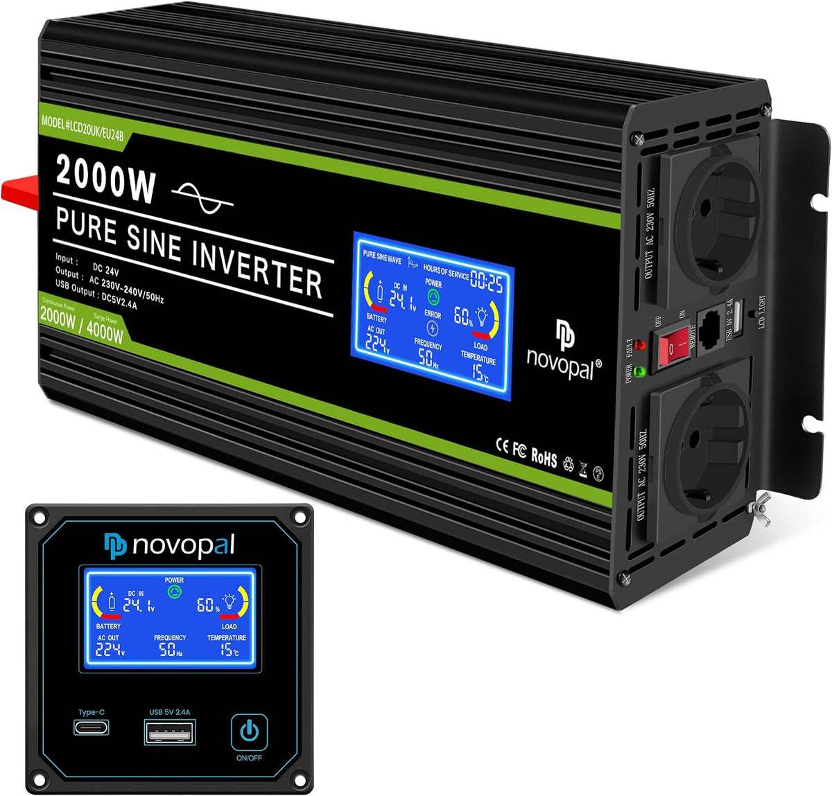novopal convertisseur de tension, 2000 watts de puissance nominale, 2000 W, 4000 W, 24 V, 220 V, Noir/Bleu, Convertisseur Pur Sinus Transformateur