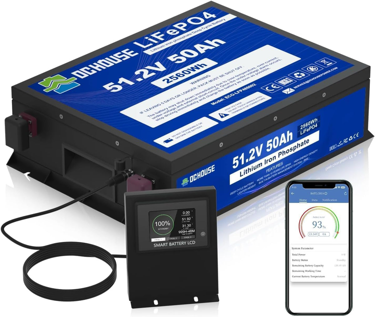 DCHOUSE batterie, 48 V, 50 Ah, Bleu/Noir, LiFePO4 pour chariot de golf, BMS 50 A intégrée, au lithium avec cellules de classe A