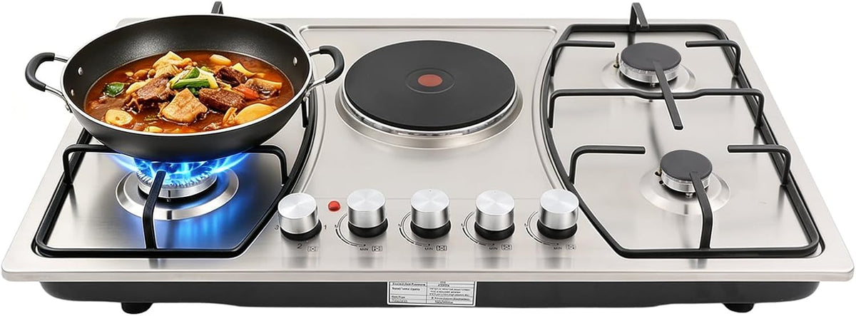 table de cuisson JUUTALK, 230 V, 50Hz, 1.0 kW, Noir, Argent, Cuisinière à gaz, plaque de cuisson, 5 brûleurs en acier inoxydable