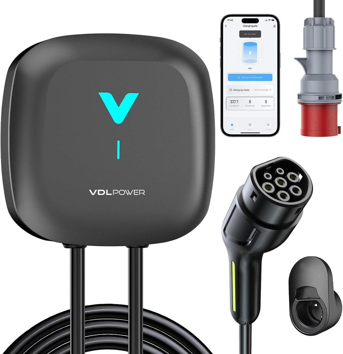 VDL POWER Stations de charge, 22 kW, 6 m, Noir/Gris, VDLPOWEREU Borne de Recharge Véhicules Électrique avec APP