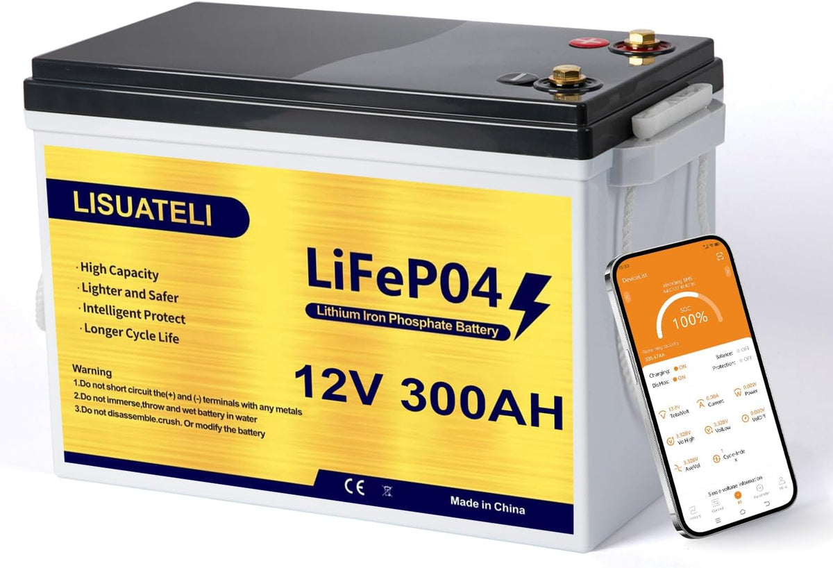 LISUATELI batterie, 12 V, 300 Ah, Bleu, Mini LiFePO4 auto-chauffante, BMS intégré, surveillance par application