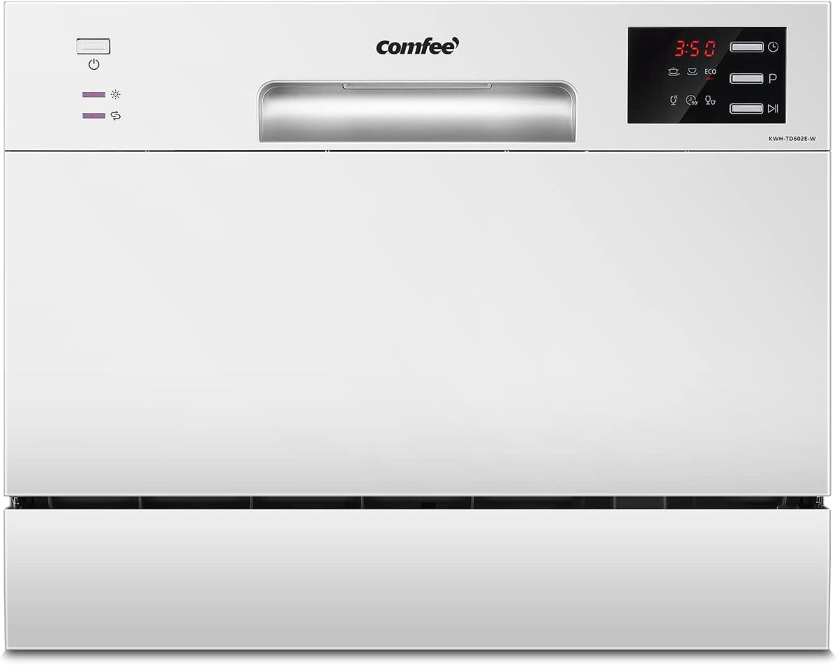 Comfee Lave-vaisselles compacts, Blanc, 6 programmes, écran LED, démarrage retardé et fonction de lavage en heures non pointues