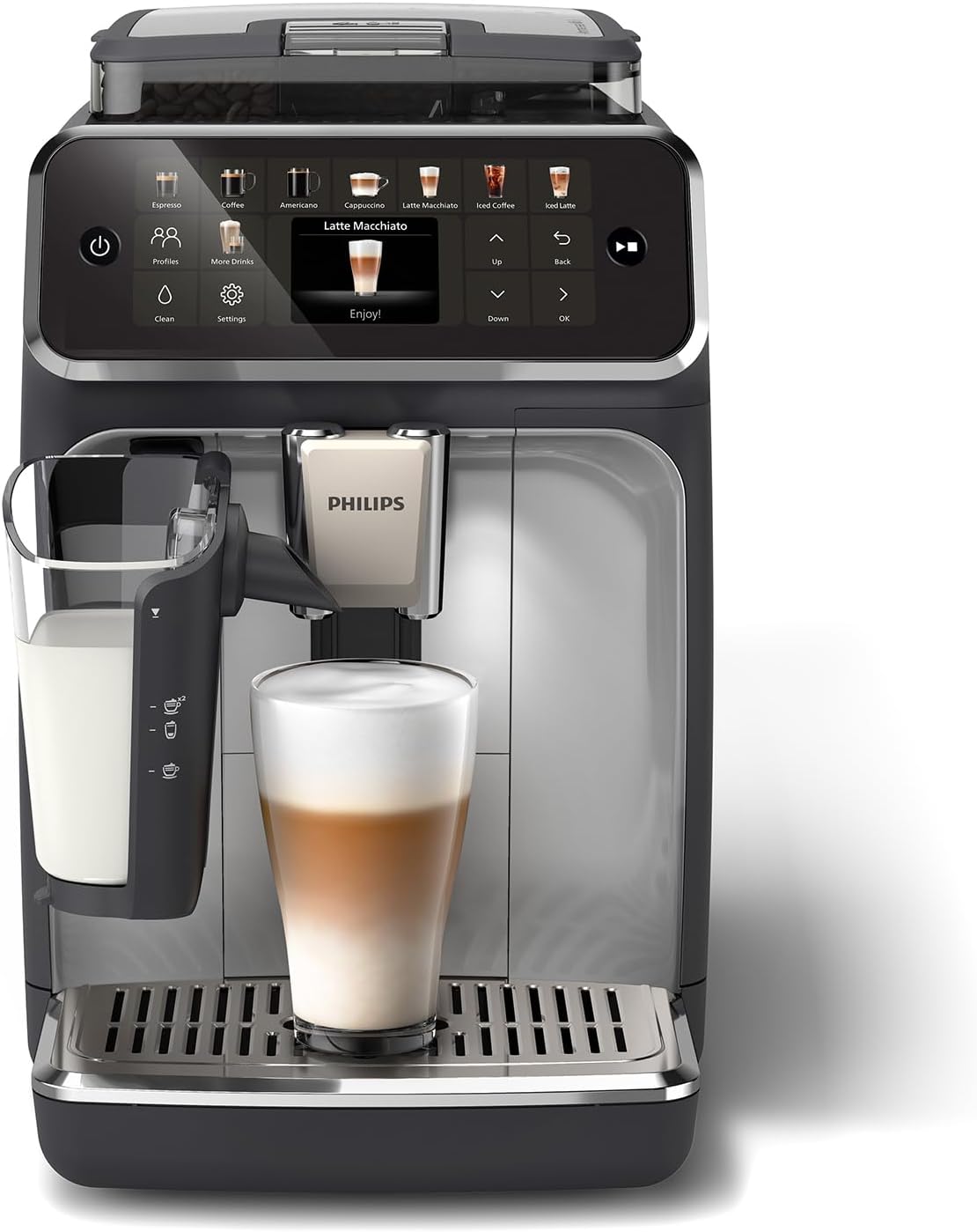 PHILIPS machine à café, Noir/Argenté, grain 5500, 20 boissons chaudes & glacées, Carafe LatteGo facile à nettoyer