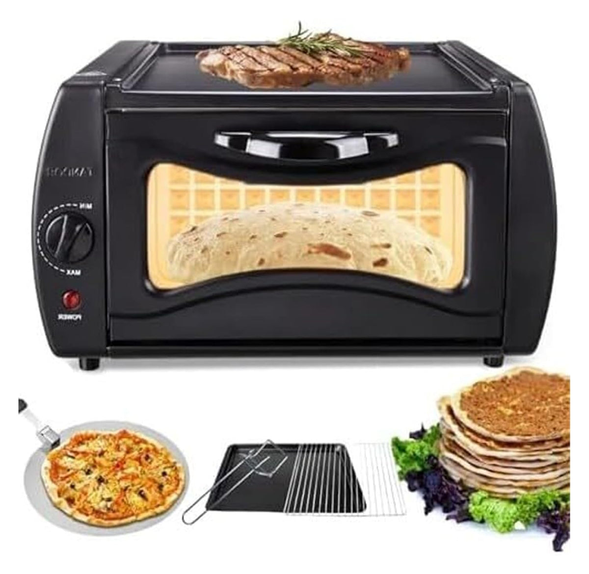 Four Fours à pizza, Noir/Argenté, de comptoir électrique et machine à pizza, électrique polyvalent compact avec accessoires de cuisson complets