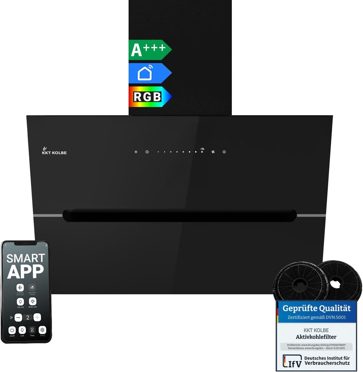 KKT KOLBE hotte aspirante, 60 cm, 782 m, Noir, ³/h Evacuation entrante, Sans tête, Montage mural, Smart WiFi App Wi-Fi