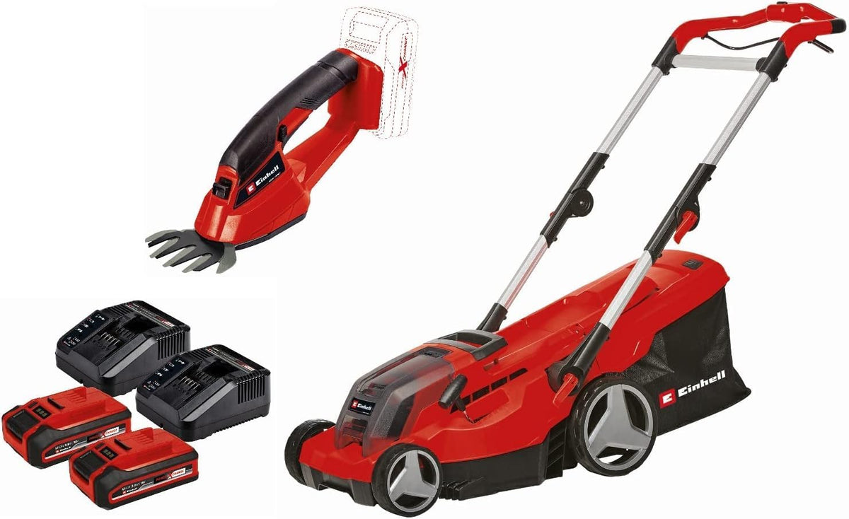 Einhell tondeuse à gazon, 18 V, 37 cm, 3,0 Ah, Rouge/Blanc, Largeur de Coupe ) Livré avec 2 Batteries et 2 chargeurs