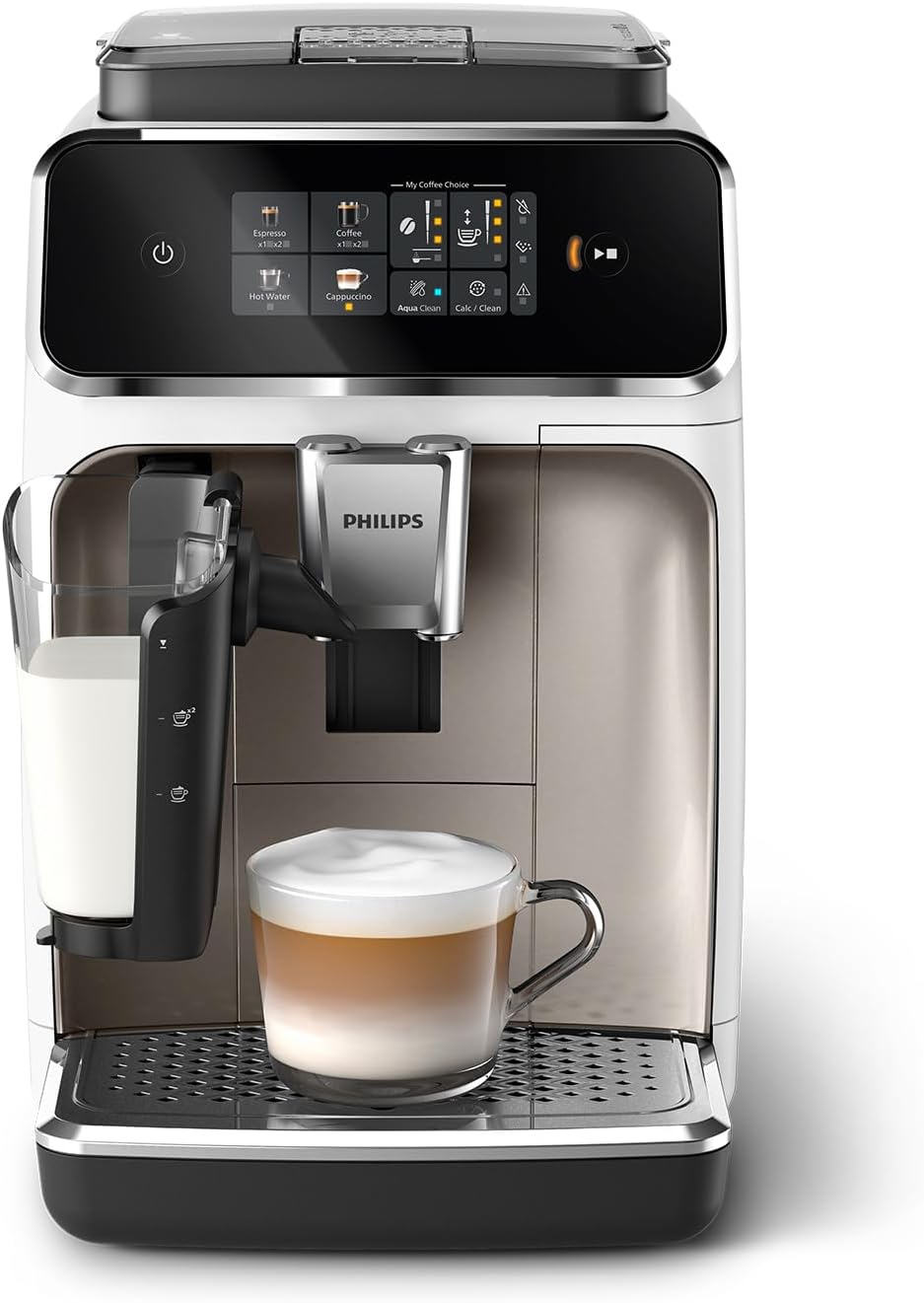 PHILIPS machine à café, Blanc, grain 2300, 4 boissons, Expresso broyeur avec écran tactile coloré, SilentBrew 40% plus silencieux