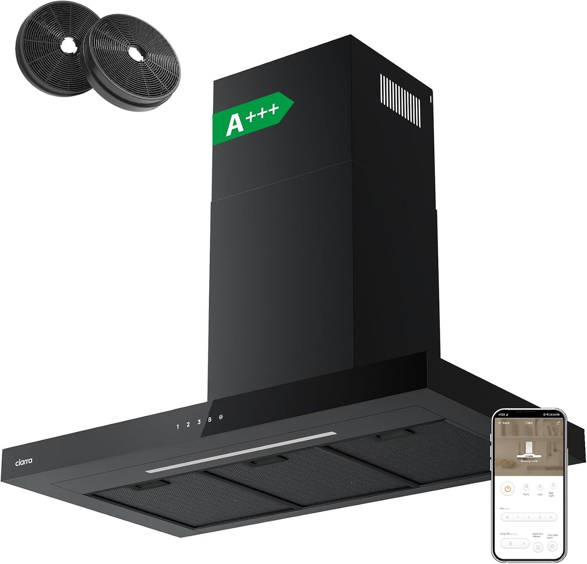 CIARRA hotte aspirante, 90 cm, 709 m, Noir, CBCB9102 Classe A+++ ³/h WiFi & APP, Commande Tactile, 4 Vitesses & Boost