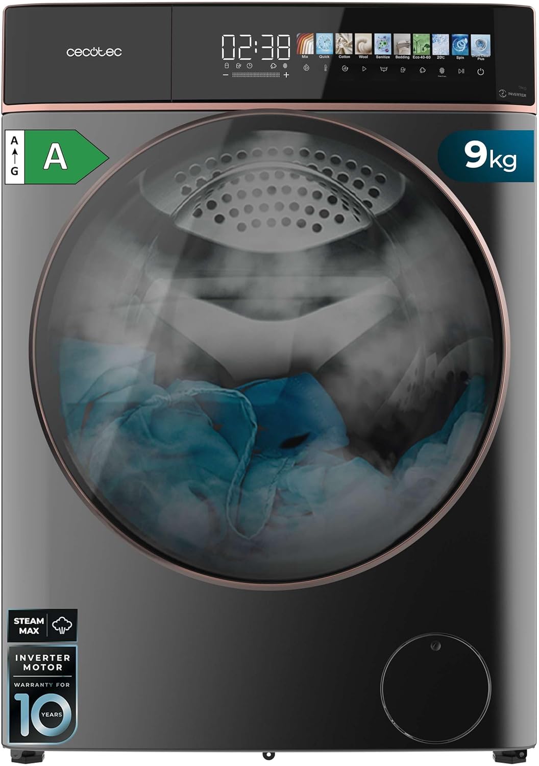 Cecotec lave-linge, 9Kg, 1400 Tr/min, Argenté, Écran 10, 11 Programmes, Inverter, SteamMax, Classe A