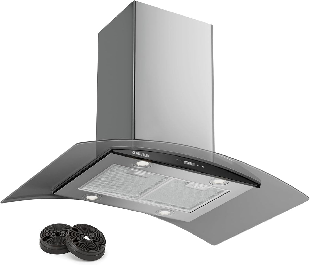 KLARSTEIN hotte aspirante, 7 x 90 x 60 cm (HxLxl), 90 cm, 90 cm, 600 m, Noir/Argenté, Silencieuse, Cuisine avec Lampes LED
