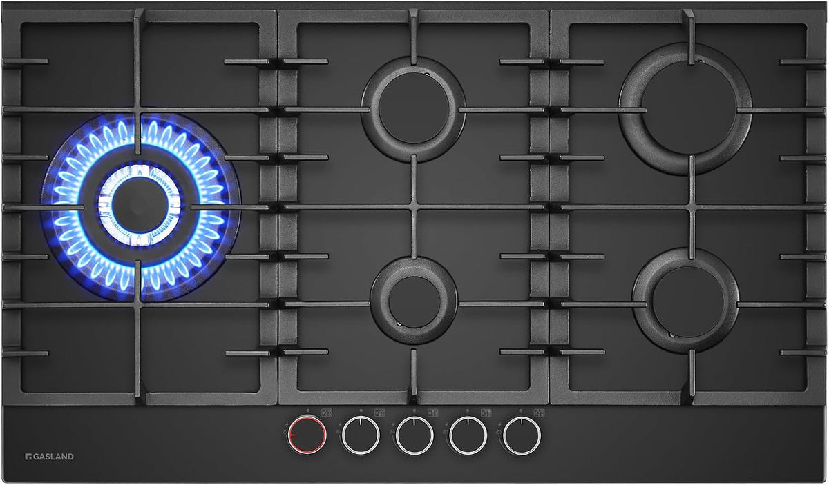 table de cuisson GASLAND, 87 cm, 10400 W, Noir, PRO GH2905BG1FC Plaque de Cuisson à Gaz en Verre, 5 foyers avec boutons rétroéclairés