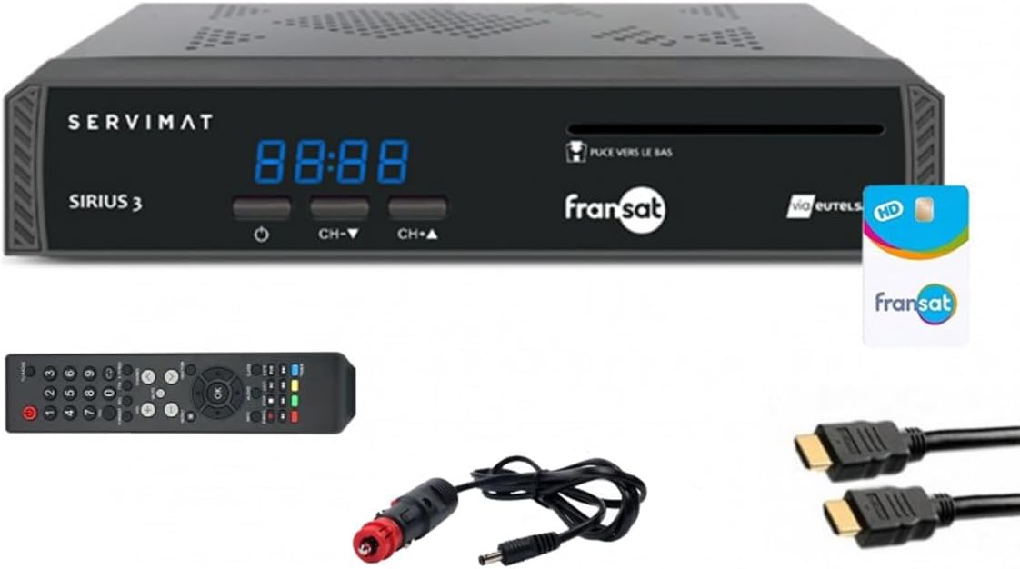 Servimat téléviseur, 12 V, Noir, Pack Récepteur TV Satellite HD + Carte Fransat PC6 + Câble HDMI + Câble
