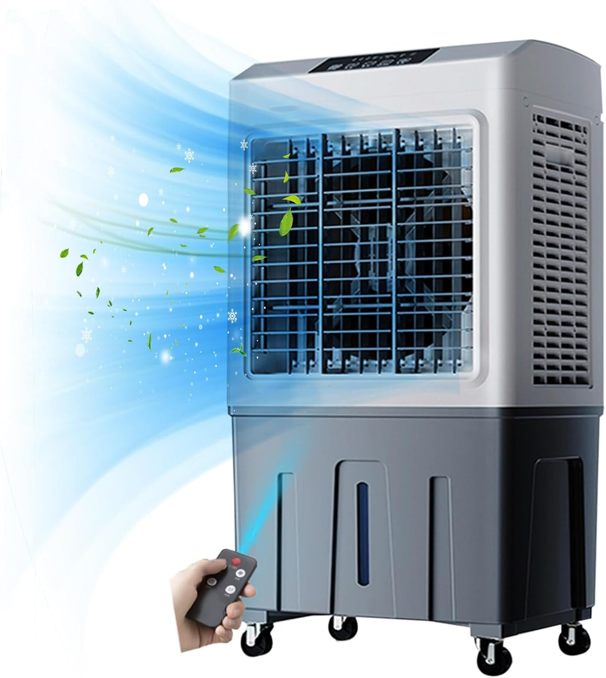 Refroidisseur fontaine à eau, 60 l, 90 m, Blanc, d'air par évaporation avec 4 roues universelles, réservoir d'eau