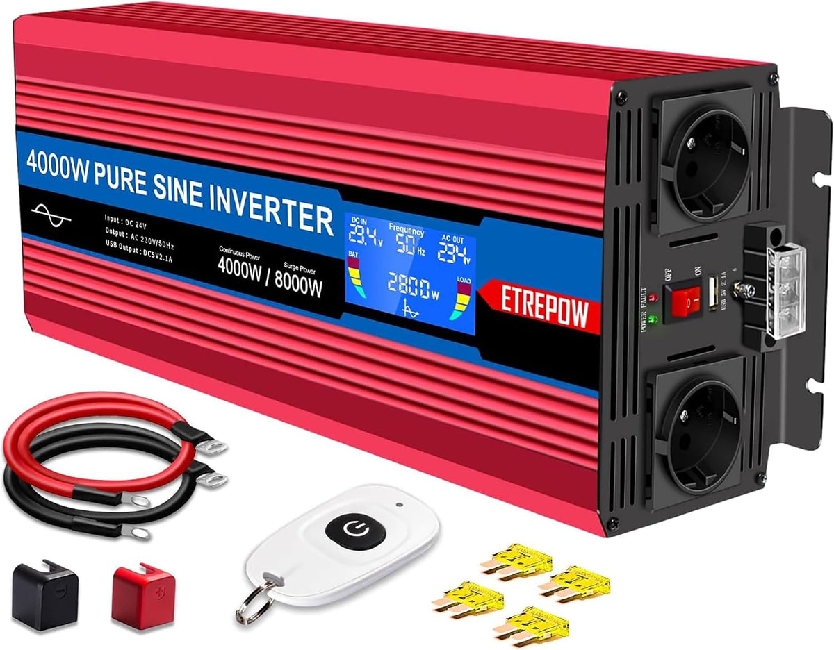 ETREPOW convertisseur de tension, 4000 W, 24v, 220v, Rouge/Noir, convertisseur Pur Sinus transformateur