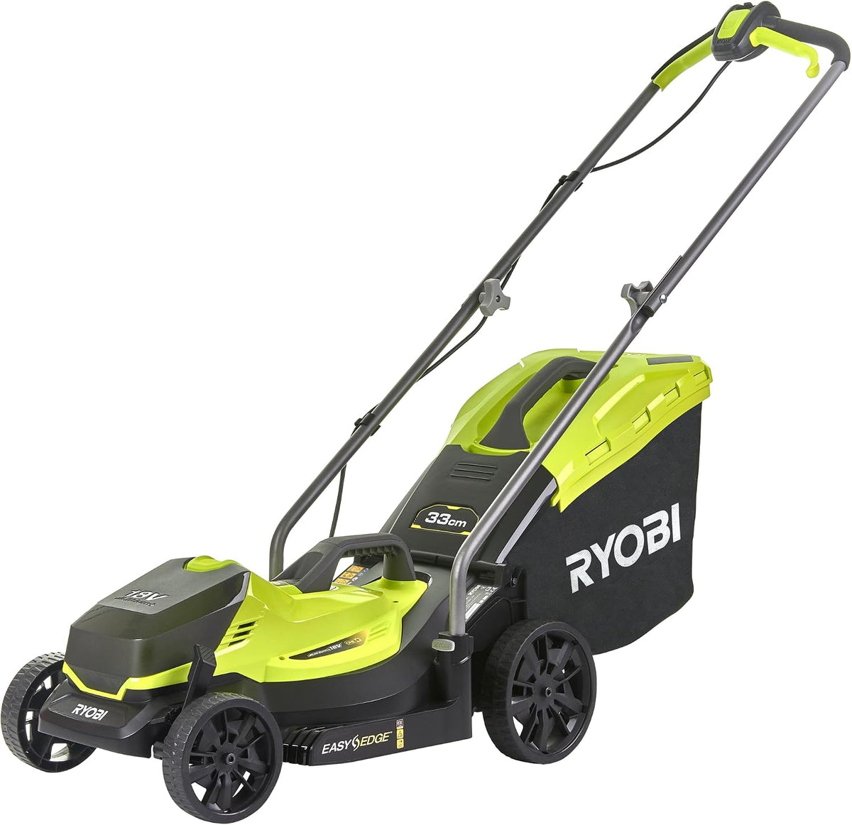 RYOBI tondeuse à gazon, 18 V, 33 cm, 35 L, Noir/Blanc, - Tondeuse pousée sans Fil One+ OLM1833B, Largeur Ø, 5 Réglages de Hauteur Centralisées