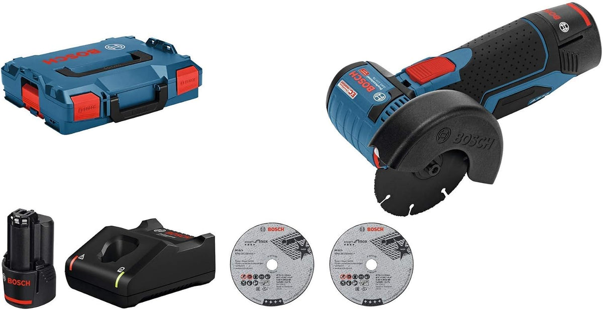Bosch Professional Meuleuses d'angle, 12 V, 3,0 Ah, Noir/Bleu, System meuleuse angulaire sans-fil GWS -76 (2 batteries