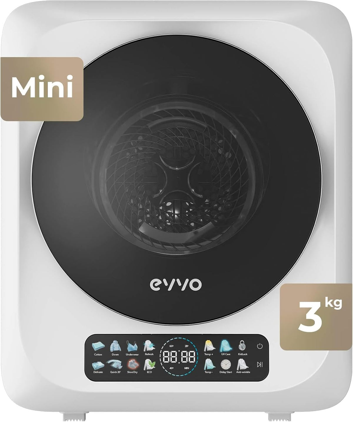 EVVO Sèche-linges avec pompe à chaleur, 3 kg, Blanc, Mini S4 Sèche-linge portable, design mini compact, panneau tactile