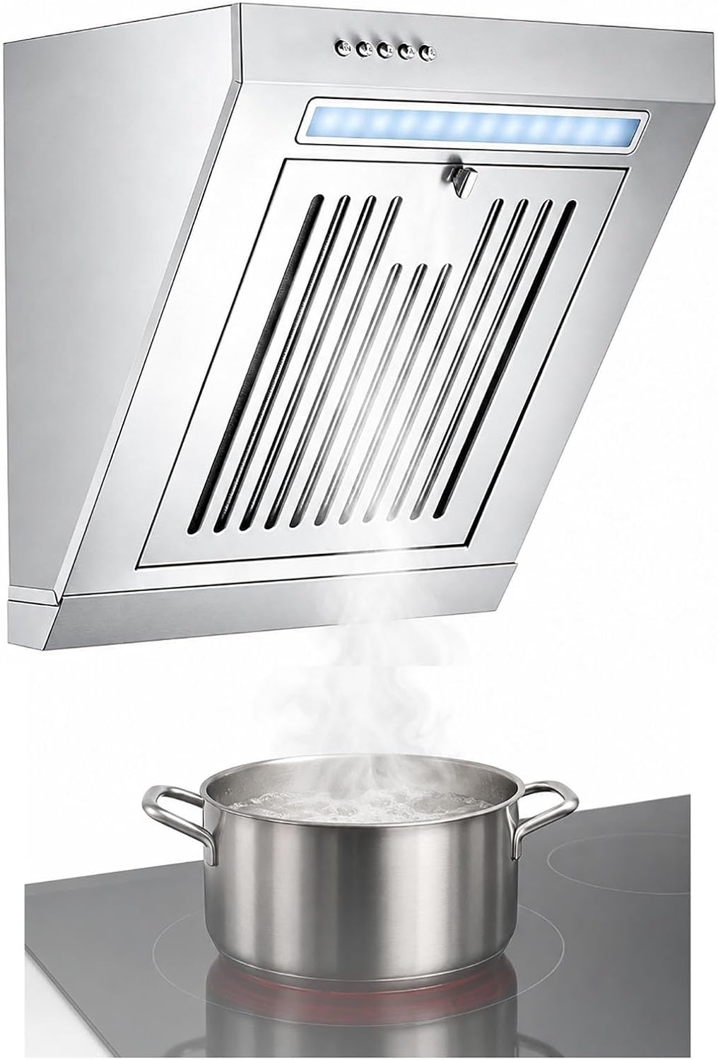 QINPI hotte aspirante, ≤ 65 dB, Noir/Argenté, Compacte Inclinée, Double Filtre Amovible, éclairage LED Et Arrêt Différé W500 mm