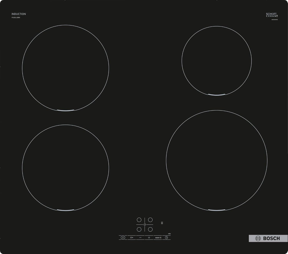 table de cuisson Bosch, 60 cm, Noir, PUE611BB5J Série 4 Plaque de cuisson à induction 4 zones standard