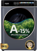 CHiQ lave-linge, 8 kg, 33 cm, 520 mm, 76 dB, Gris, avec Classe A-15% & Écran Tactile LED, Lavage Vapeur, Programme Literie