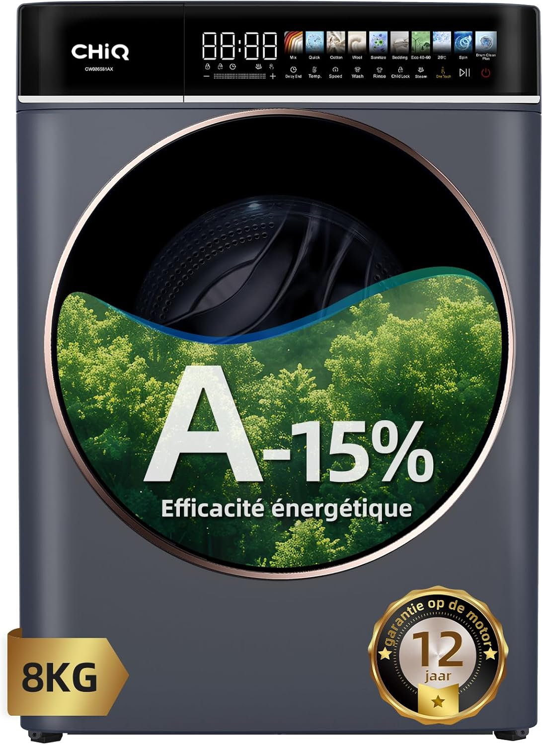 CHiQ lave-linge, 8 kg, 33 cm, 520 mm, 76 dB, Gris, avec Classe A-15% & Écran Tactile LED, Lavage Vapeur, Programme Literie