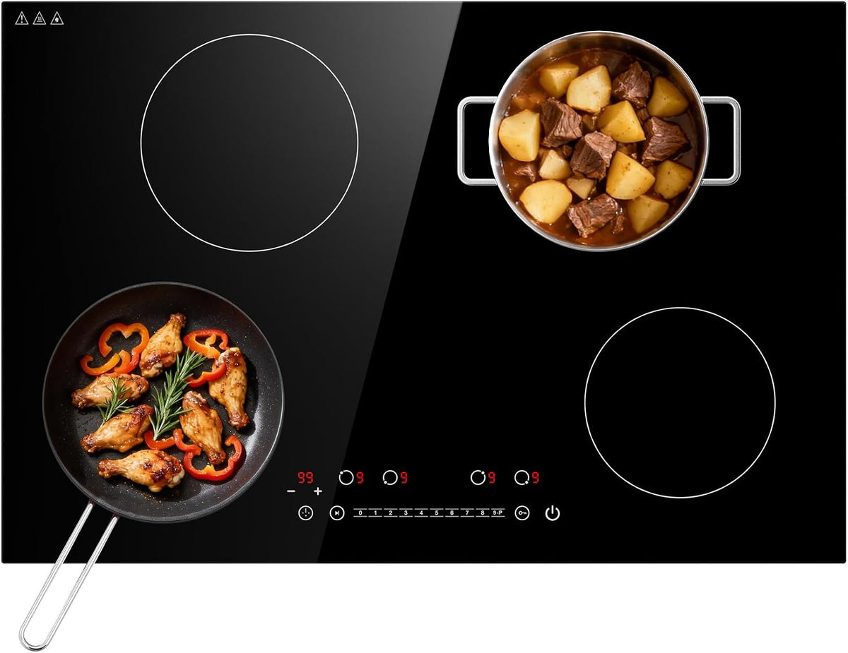 table de cuisson GTKZW, 6400 W, 77 cm, Noir, Plaque Induction 4 Feux, Plaque de Cuisson Électrique Encastrable avec Fonction Boost