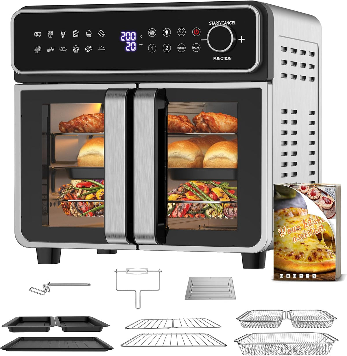 Emphsism friteuse à air chaud, 23 L, 2400 W, Noir/Argenté, Familles, Mini Forno Cuisson Zone 1/2, Temp Sép, Grande Fritteuse Sans Huile Famille