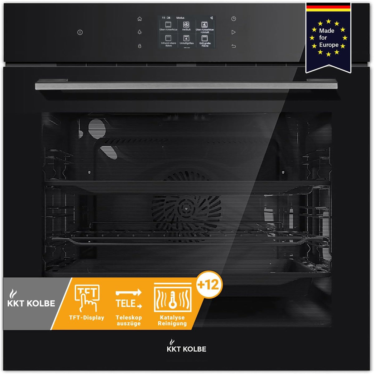 KKT KOLBE four encastrable, 60 cm, 72 l, 3,2 kW, Noir, Écran tactile TFT, Porte Soft-Close, Catalyse, Fonction pizza barbecue chaleur tournante